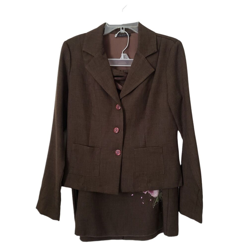 Sirens Two Piece Blazer Suit Skirt Button Sparkle Flower Set Size L